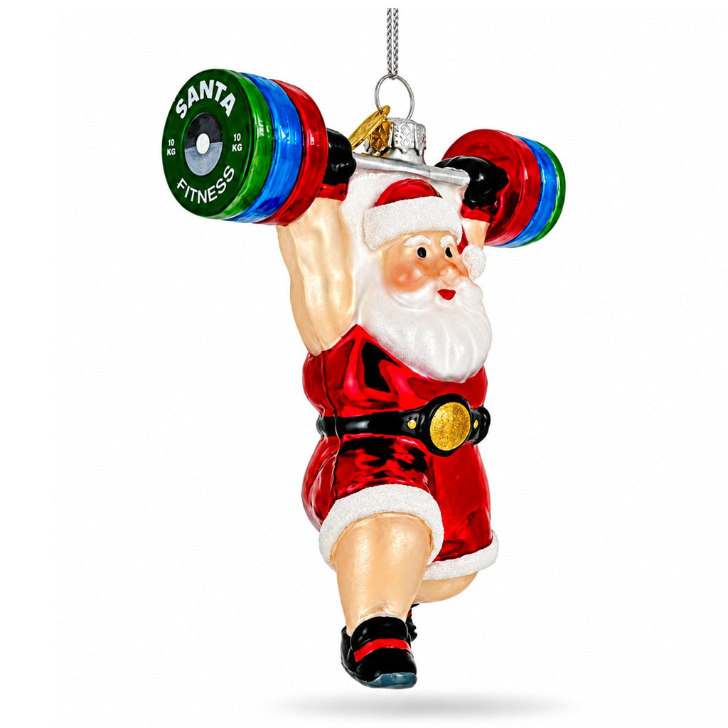 Weightlifting Santa Claus Gym Barbell Glass Christmas Ornament