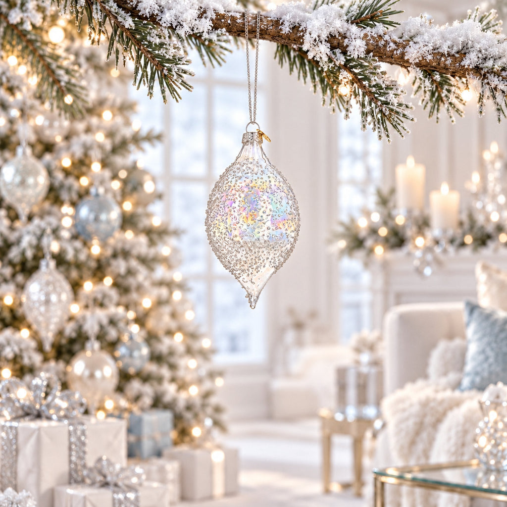 Iridescent Frosted Teardrop Glass Christmas Ornament