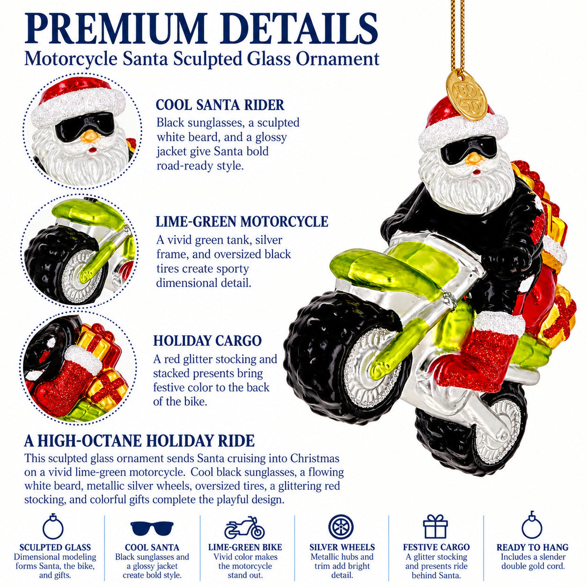 Biker Santa on Dirt Bike Motocross Glass Christmas Ornament