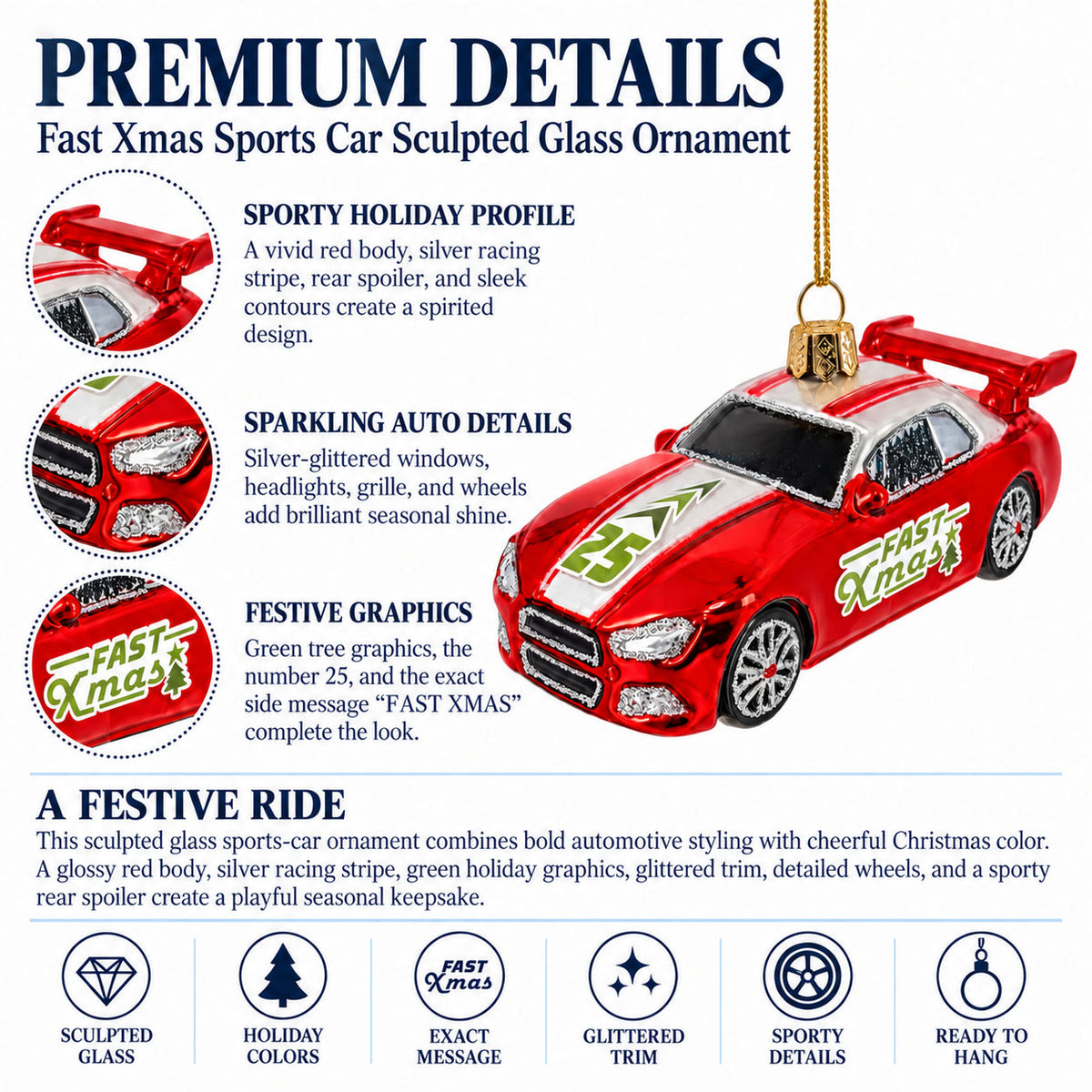 Sports Racing Car with Spoiler Glass Christmas Ornament
