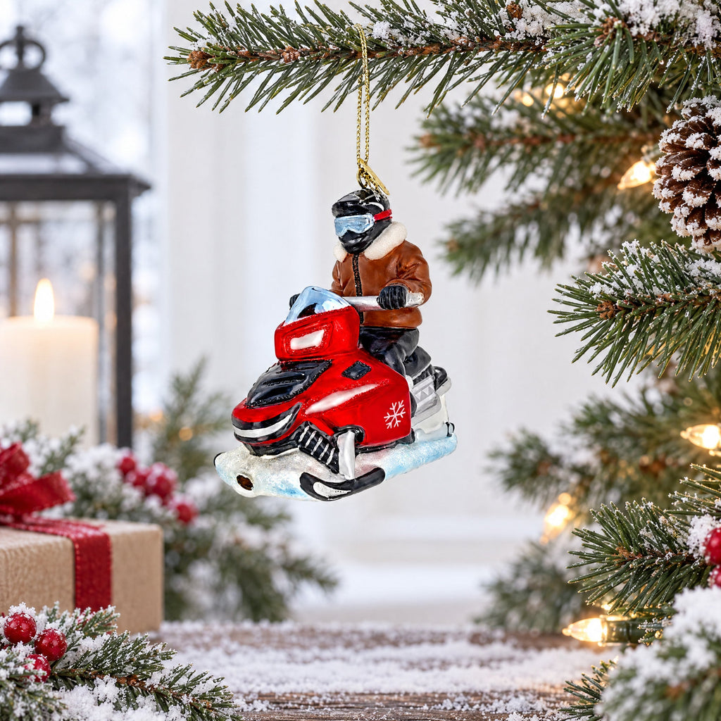 Winter Trail Rider Snowmobile Glass Christmas Ornament