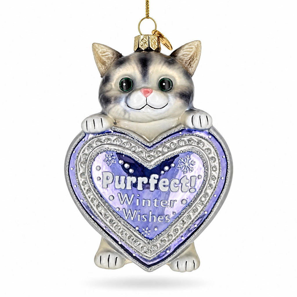 Purrfect Winter Wishes Cat Heart Glass Christmas Ornament