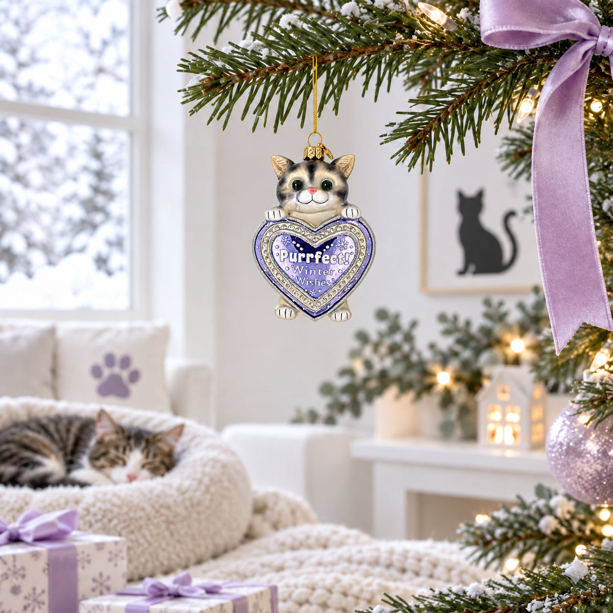 Purrfect Winter Wishes Cat Heart Glass Christmas Ornament
