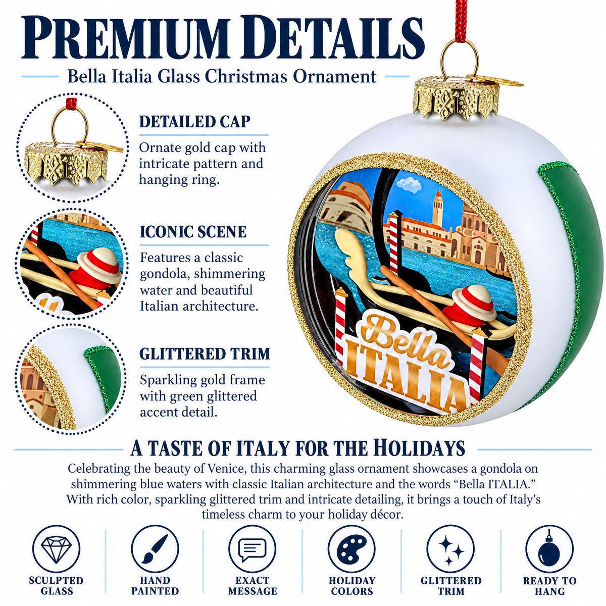 Italian Flag Travel Souvenir Venice Gondola Glass Ball Christmas Ornament