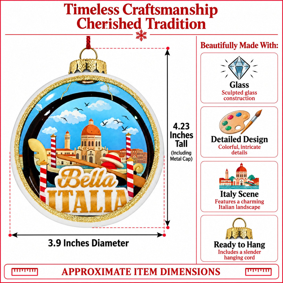 Italian Flag Travel Souvenir Venice Gondola Glass Ball Christmas Ornament