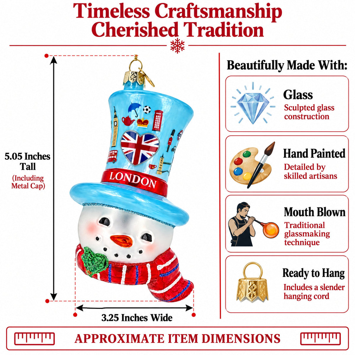 London UK Snowman Head With Blue Top Hat Glass Christmas Ornament