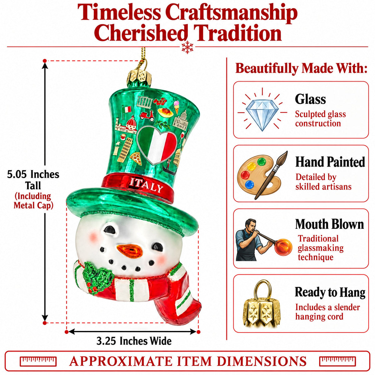 Italy Flag Snowman Head Green Top Hat Glass Christmas Ornament