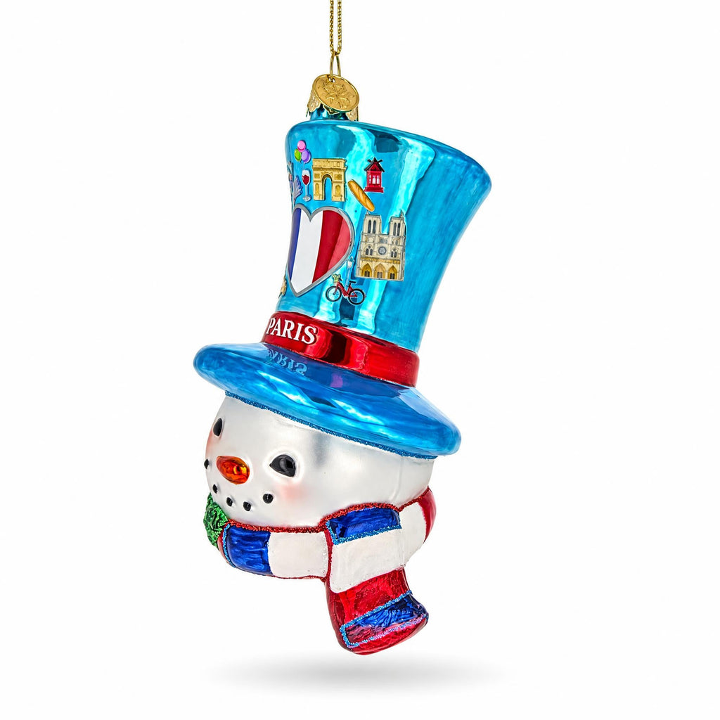 Paris France Theme Snowman Head Blue Top Hat Glass Christmas Ornament