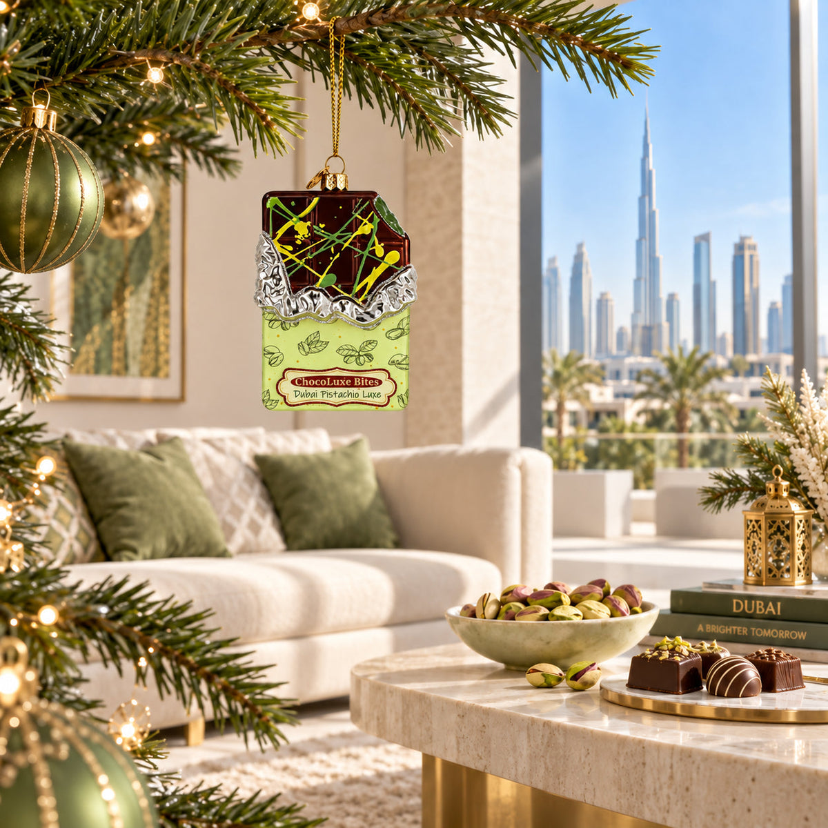 Dubai Chocolate Candy Bar Glass Christmas Ornament