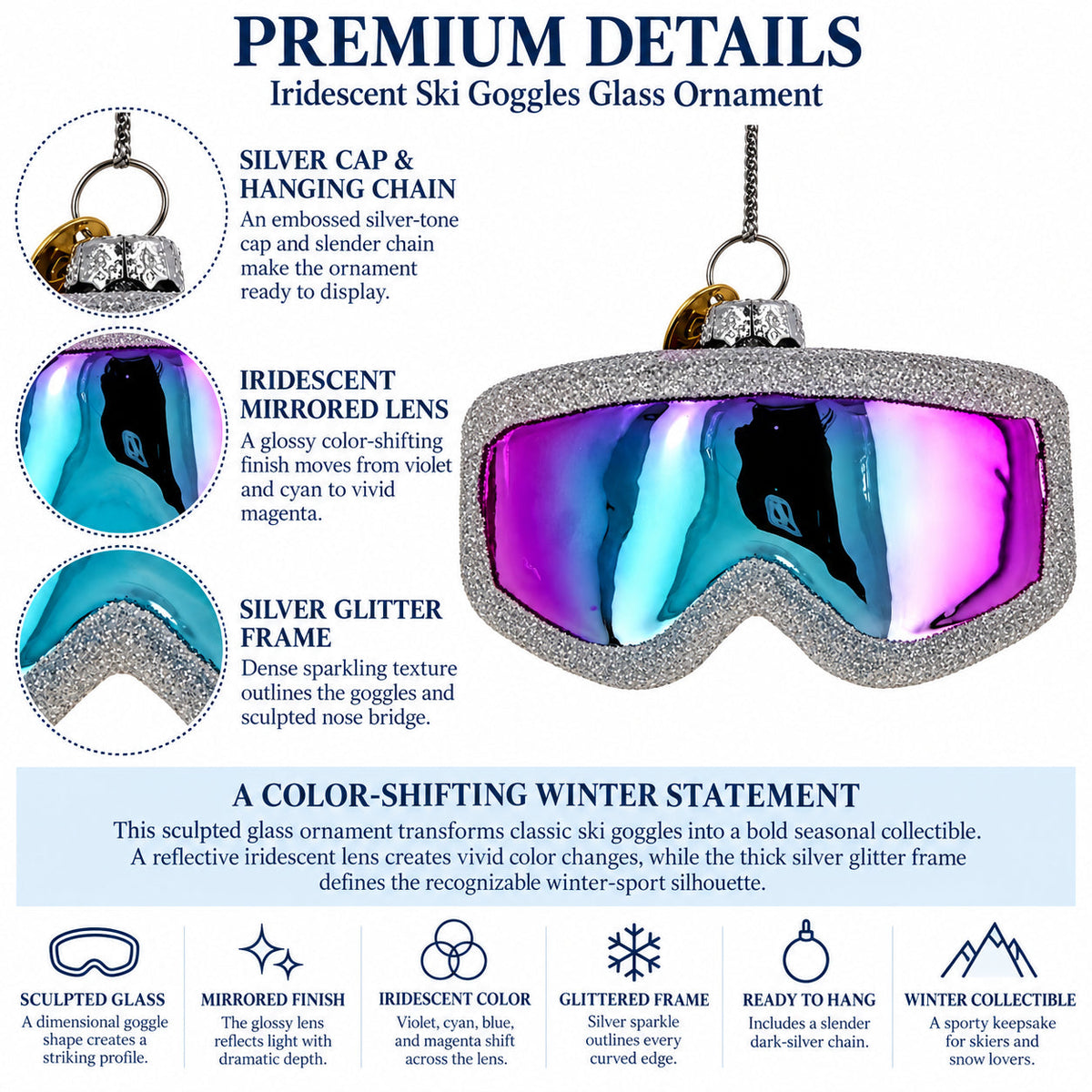 Iridescent Lens Snowboard Ski Goggles Glass Christmas Ornament