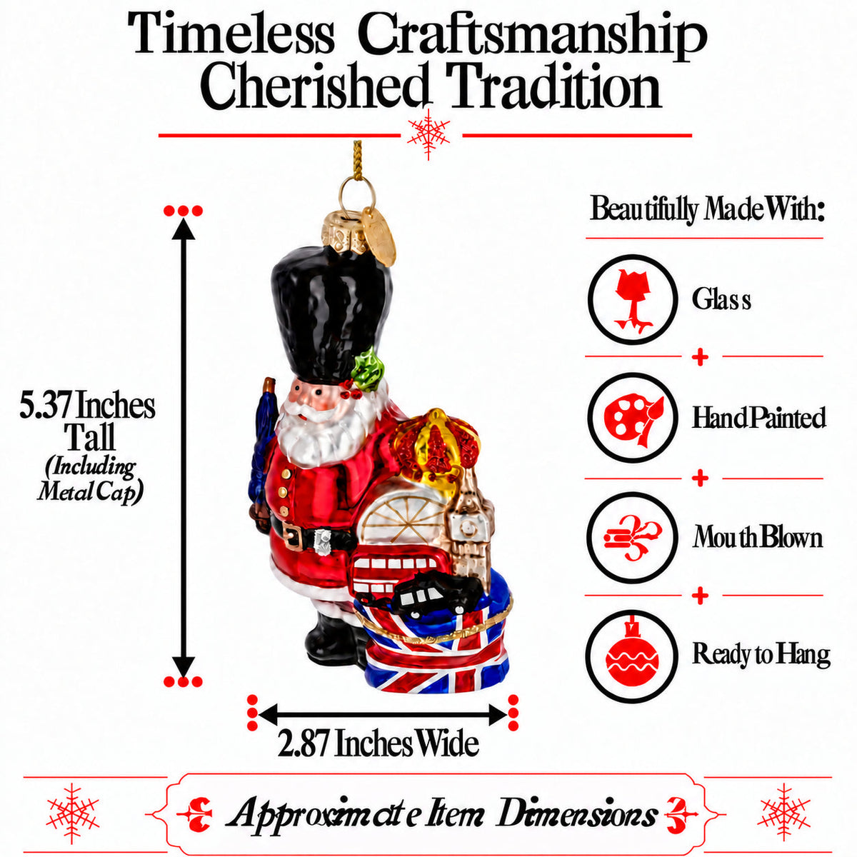 London Royal Guard Santa Union Jack Drum Glass Christmas Ornament