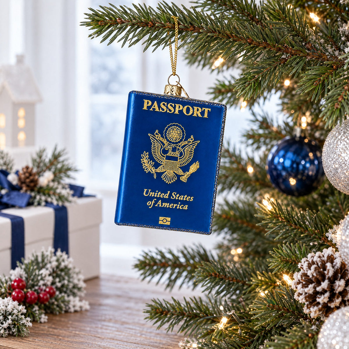 USA Travel Passport Glass Christmas Ornament