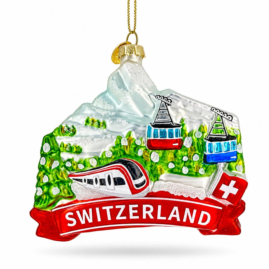 Switzerland Mountain Cable Car And Train Glass Christmas Ornament