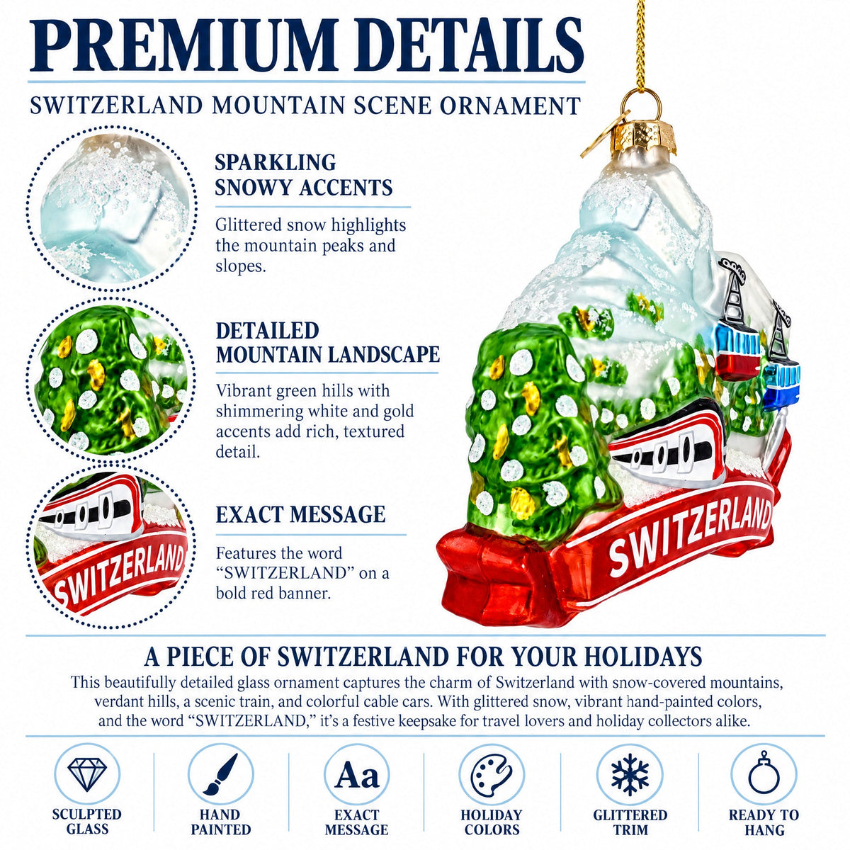 Switzerland Mountain Cable Car And Train Glass Christmas Ornament