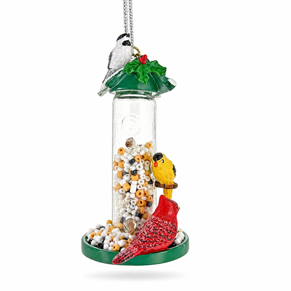 Wild Bird Seed Tube Feeder Clear Glass Christmas Ornament