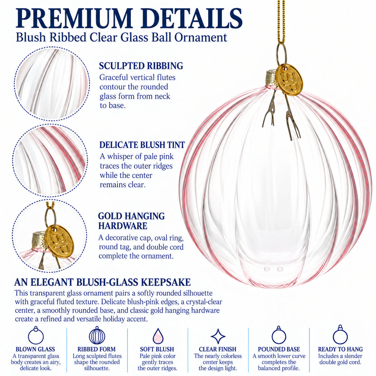 Light Pink Ribbed Glass Ball Christmas Ornament