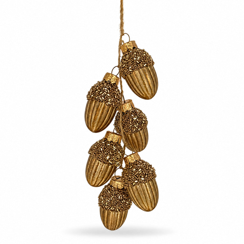 Gold Glitter Acorn Bunch Glass Christmas Ornament