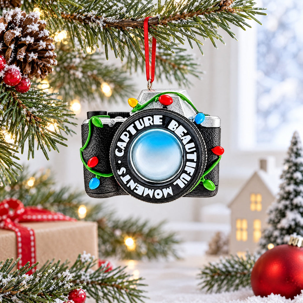 Vintage Black Camera With Holiday Lights Resin Christmas Ornament