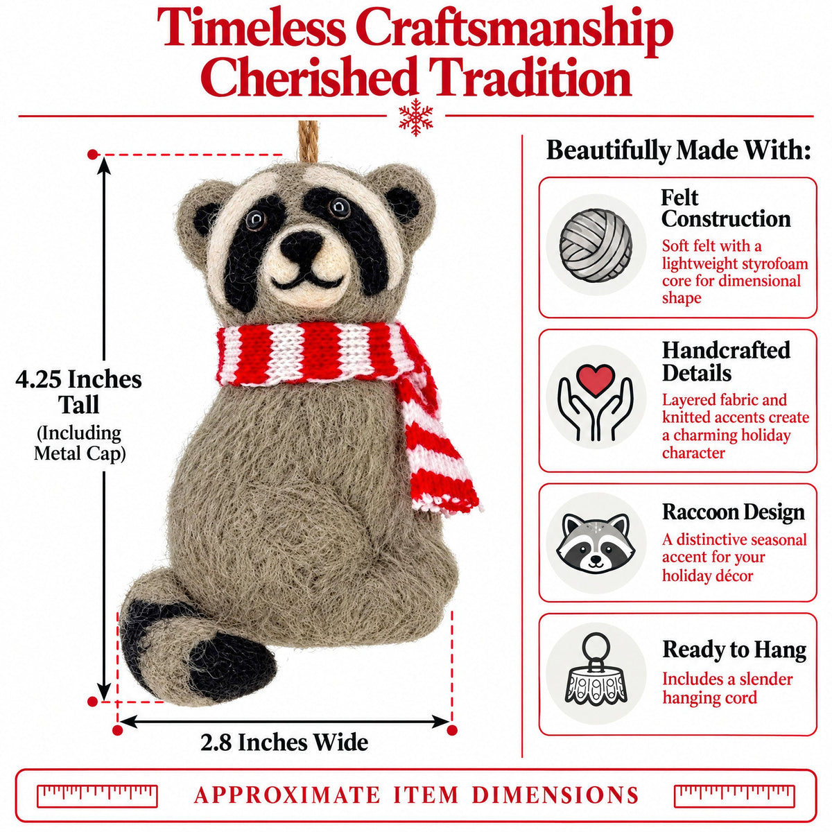 Raccoon Striped Scarf Felt Fabric Christmas Ornament
