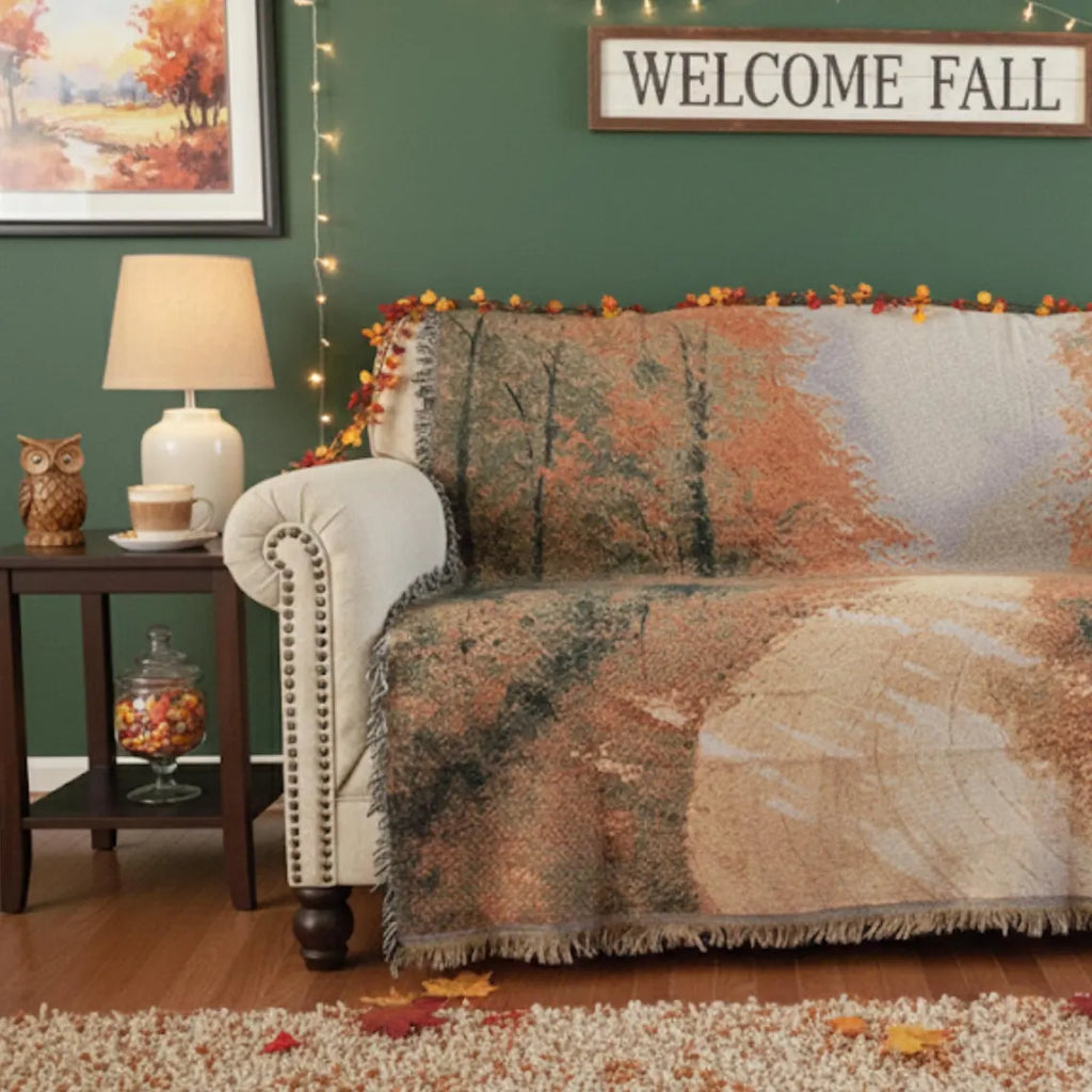 Autumn Authentic Tapestry Throw Blanket - Decorative Orange Fall Leaves Forest Woven Stitched Design - 50" x 60"