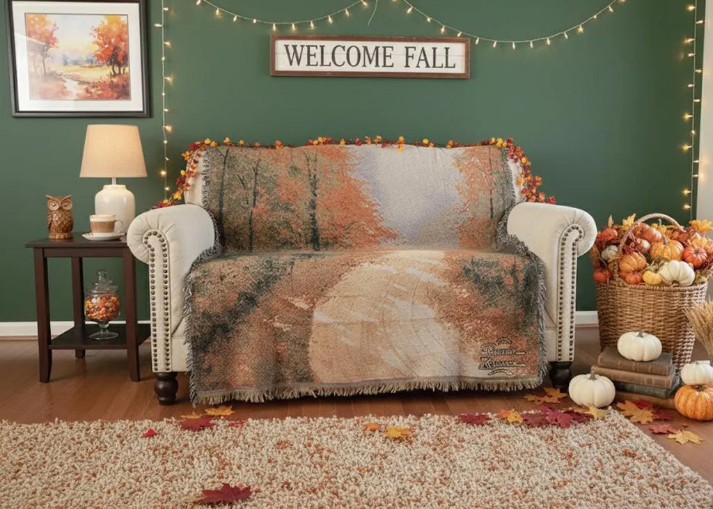 Autumn Authentic Tapestry Throw Blanket - Decorative Orange Fall Leaves Forest Woven Stitched Design - 50" x 60"