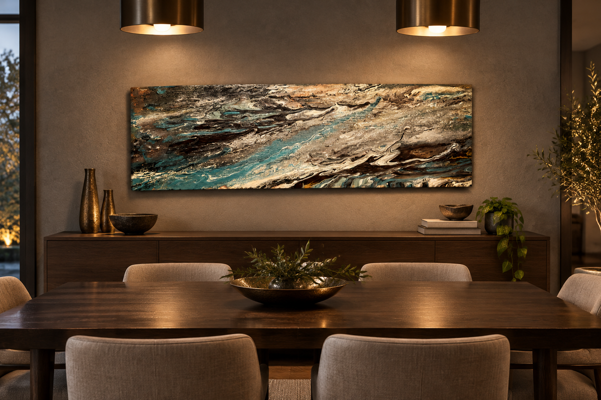 Abstract Fluid Pour 32x13 wood panel displayed in a modern dining room above a sideboard