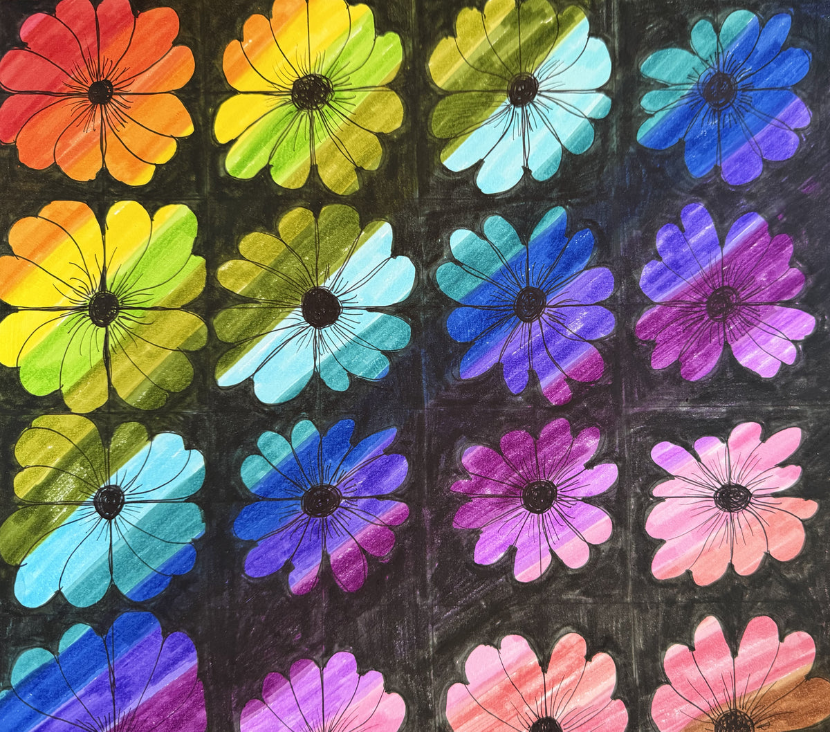 Grid of colorful daisy flowers in rainbow hues on a dark background, each flower a different color of the spectrum