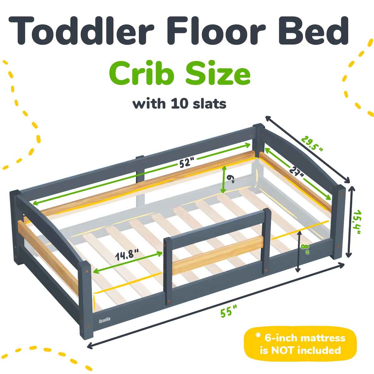 Toddler Floor Bed with Safety Rails for Kids Age 1–3 (Crib Size)
