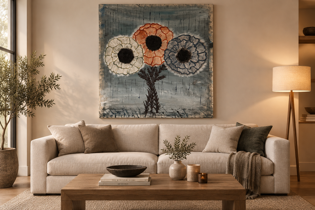 Three Flowers in the Rain — Room Mockup