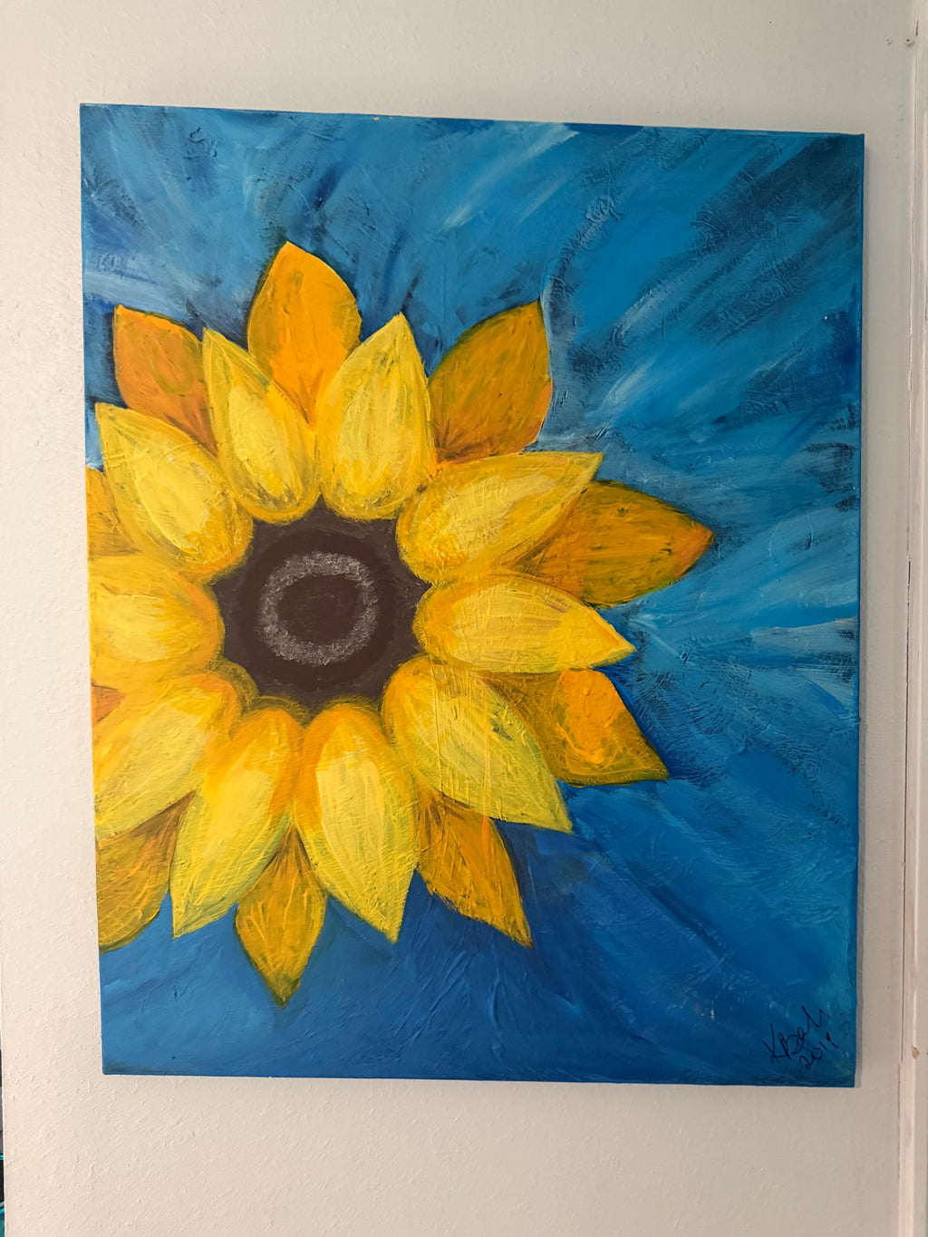 Original acrylic sunflower painting, 24x30, framed, yellow sunflower on blue background