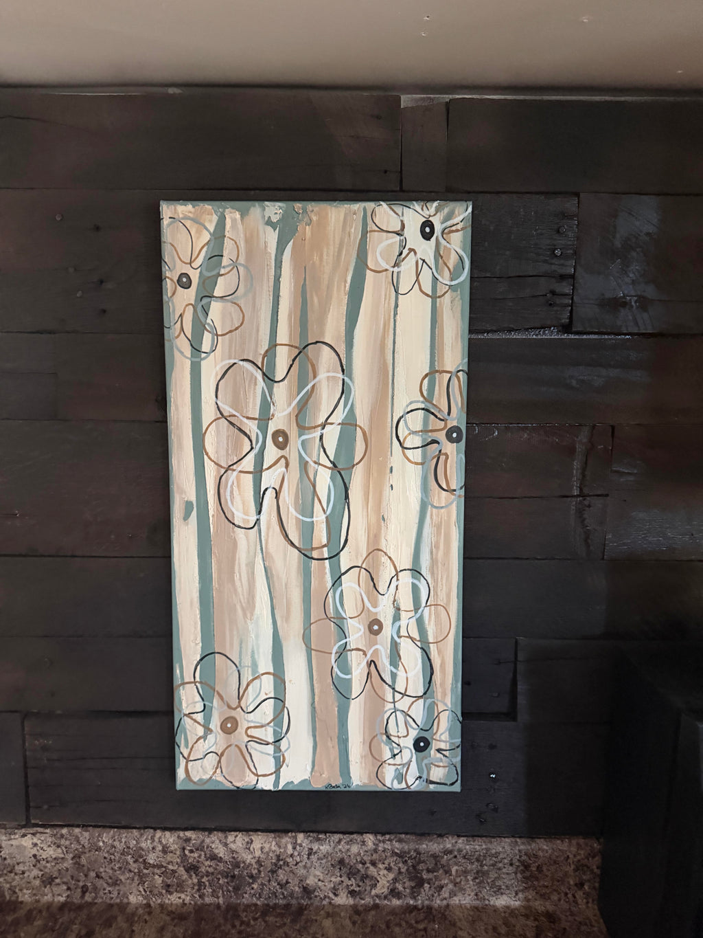 Original textured acrylic floral sketch painting, 12x24, framed, neutral tones with flower outlines