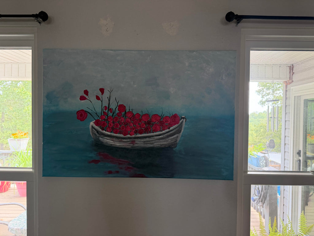 Original acrylic painting of a wooden boat filled with red flowers on misty blue water, 36x24, framed