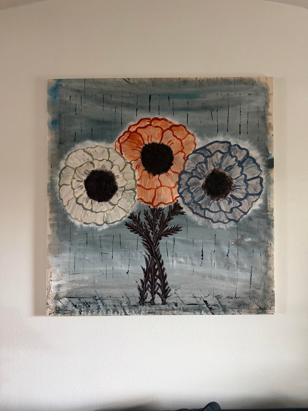 Original acrylic painting of three flowers in the rain, 45x47, framed, white terracotta and blue blooms on stormy background