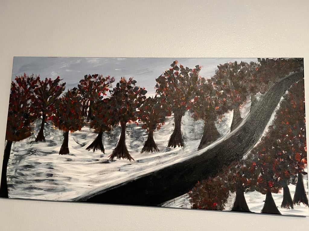 Crimson Grove original acrylic landscape painting 48x24 framed — deep red trees against dramatic black and white winter ground